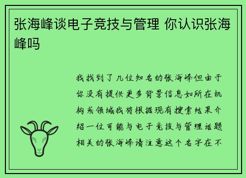 张海峰谈电子竞技与管理 你认识张海峰吗